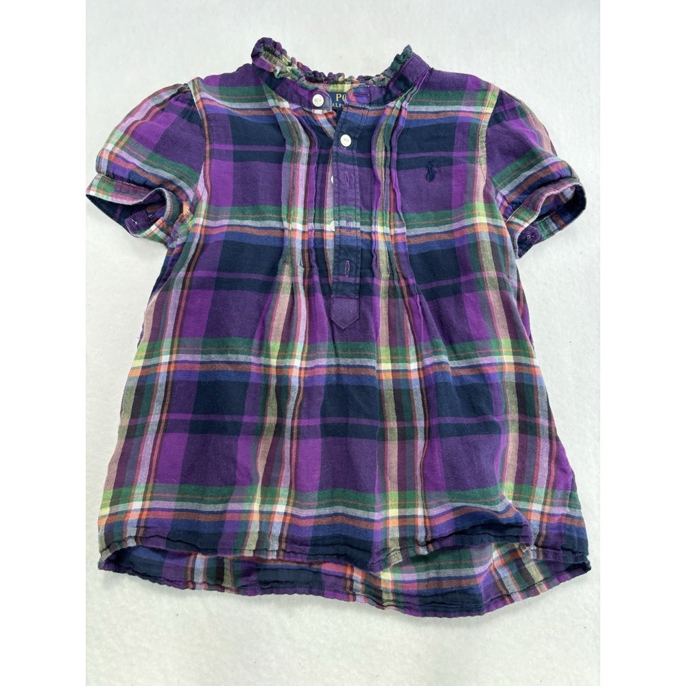 Polo‎ Ralph Lauren Girls Plaid Shirt Dress Short Sleeve Button Front 5t Purple
